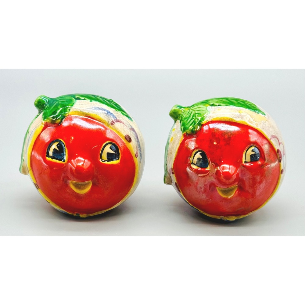 Anthropomorphic Tomato Face Salt Pepper Shakers Red Ceramic Japan Vintage